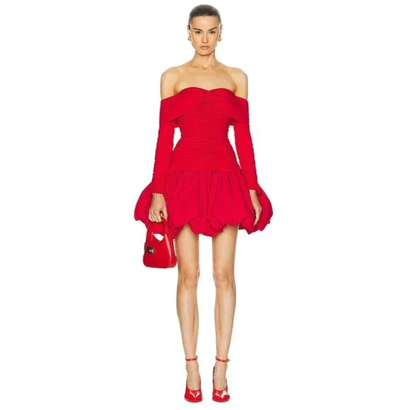 AKNVAS for FWRD Greta Stretch Puff Jersey Dress in Red 4 New Womens Mini